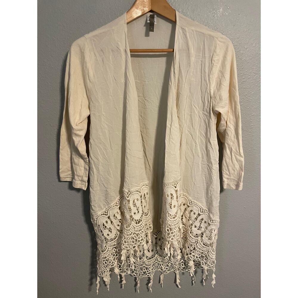 XCVI Kimono Womens Small Cream Open Front Lace Crochet Trim Tassel Boho Festival